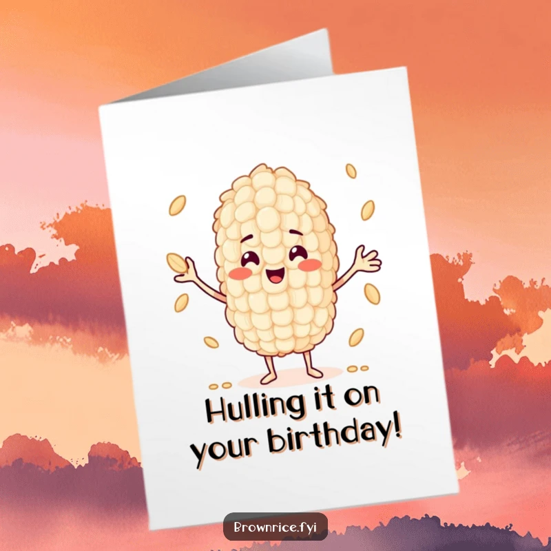 Funny Free Printable Birthday Card: A smiling grain of rice character skillfully juggling smaller grains, a playful birthday wish.