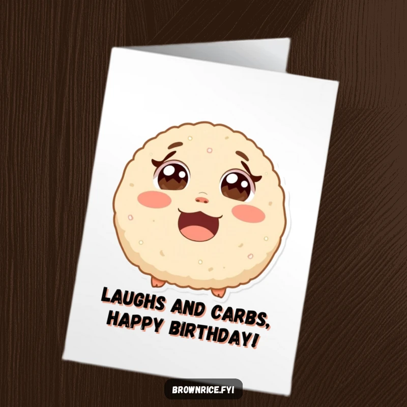 Funny Free Printable Birthday Card: A surprised brown rice ball with eyes wide open from uncontrollable laughter. Hilarious.