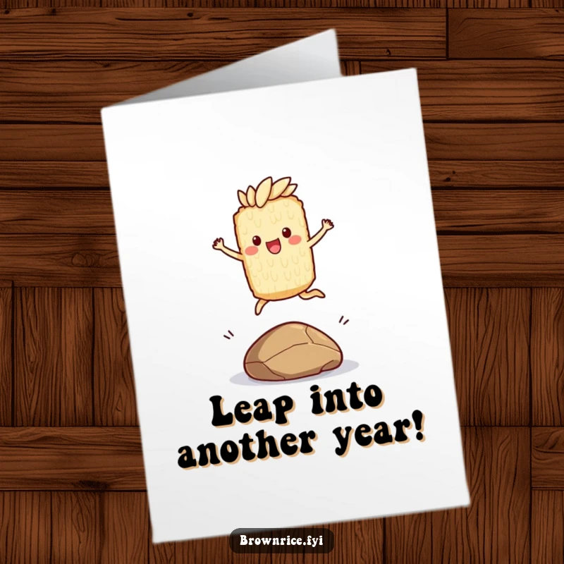 Funny Free Printable Birthday Card: A jumping brown rice character leaping joyfully over a small pebble, full of excitement.