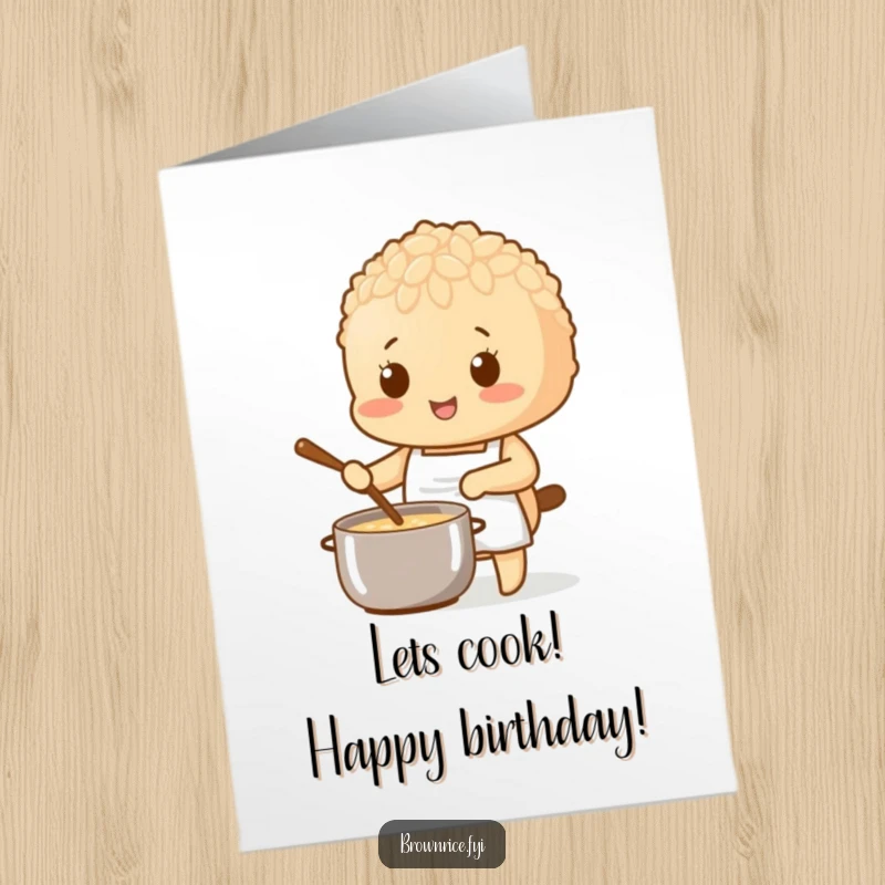 Funny Free Printable Birthday Card with a brown rice character in an apron stirring a pot, offering a culinary and downloadable greeting.