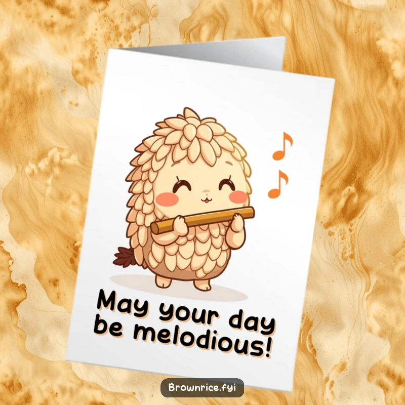 Funny Free Printable Birthday Card: Brown rice character joyfully plays a tiny flute, spreading a happy tune for your celebration.