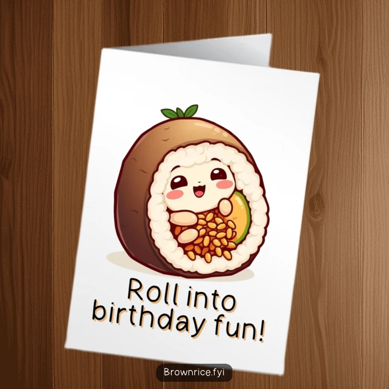 Funny Free Printable Birthday Card: Playful brown rice grain character hilariously sliding into a delicious sushi roll.