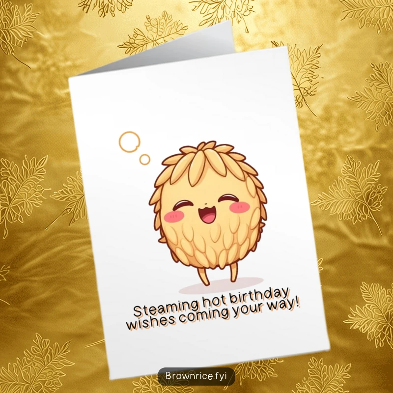 Funny Free Printable Birthday Card: Giggling brown rice grain character engulfed in a comical gust of steam.