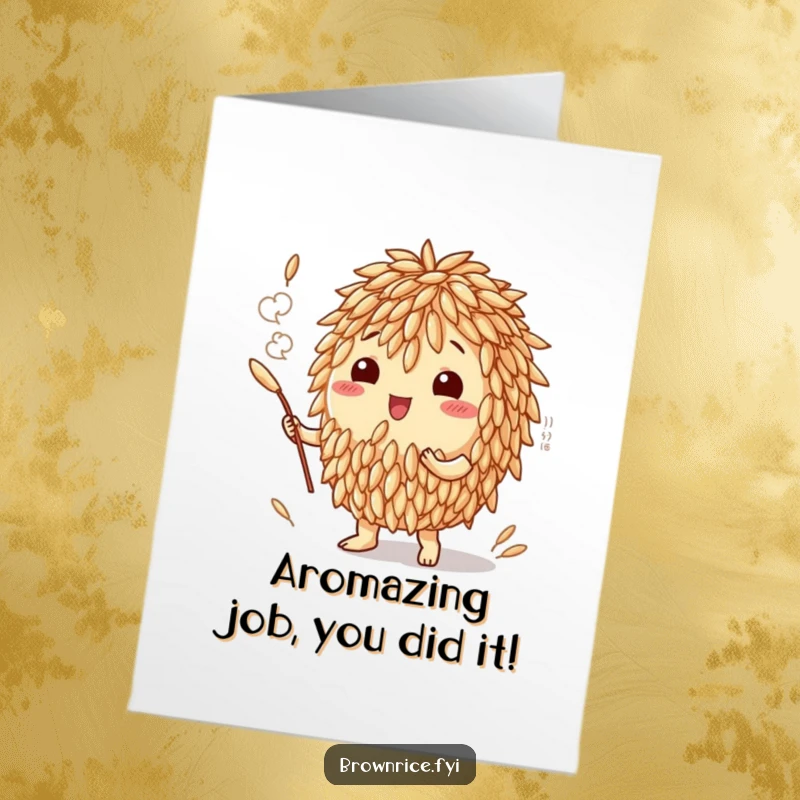 Funny Free Printable Congrats Card: Anthropomorphic rice grain generating a fragrant aroma cloud, signifying a deliciously successful outcome.