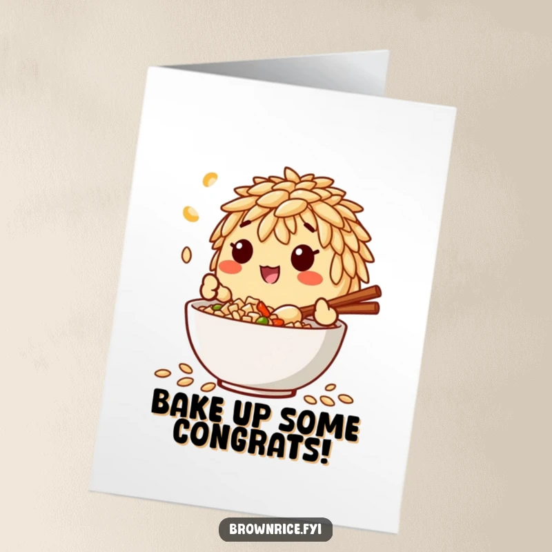 Funny Free Printable Congratulations Card: A brown rice grain character happily mixes batter in a bowl, celebrating a sweet victory.