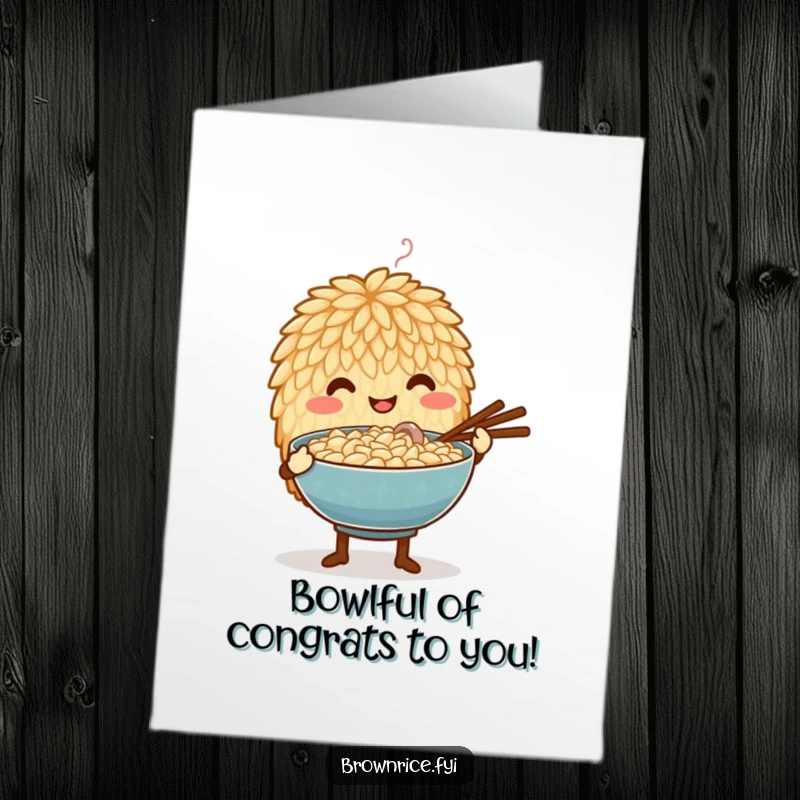 Funny Free Printable Congrats Card: Anthropomorphic rice grain carefully presenting a steaming bowl, symbolizing nurturing success and good fortune.