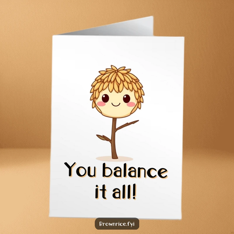 Funny Free Printable Congratulations Card: A happy brown rice grain masterfully balancing on a minuscule twig, achieving harmony.