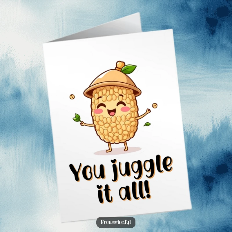 Funny Free Printable Congratulations Card: A happy brown rice grain character wearing a hat, juggling sprouts to celebrate success.