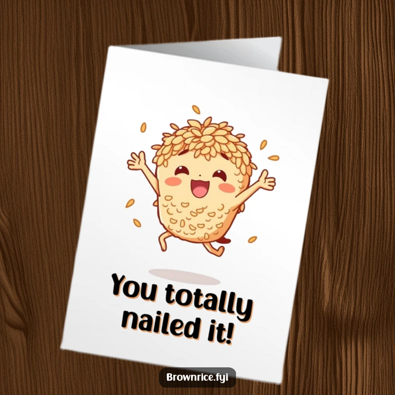 Funny Free Printable Congratulations Card: Brown rice character performing an energetic celebratory jump, conveying excitement and good wishes.