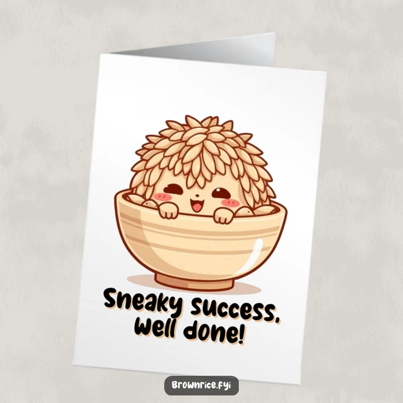 Funny Free Printable Congratulations Card: Mischievous brown rice grain peeking from a bowl, celebrating success. Great downloadable art.