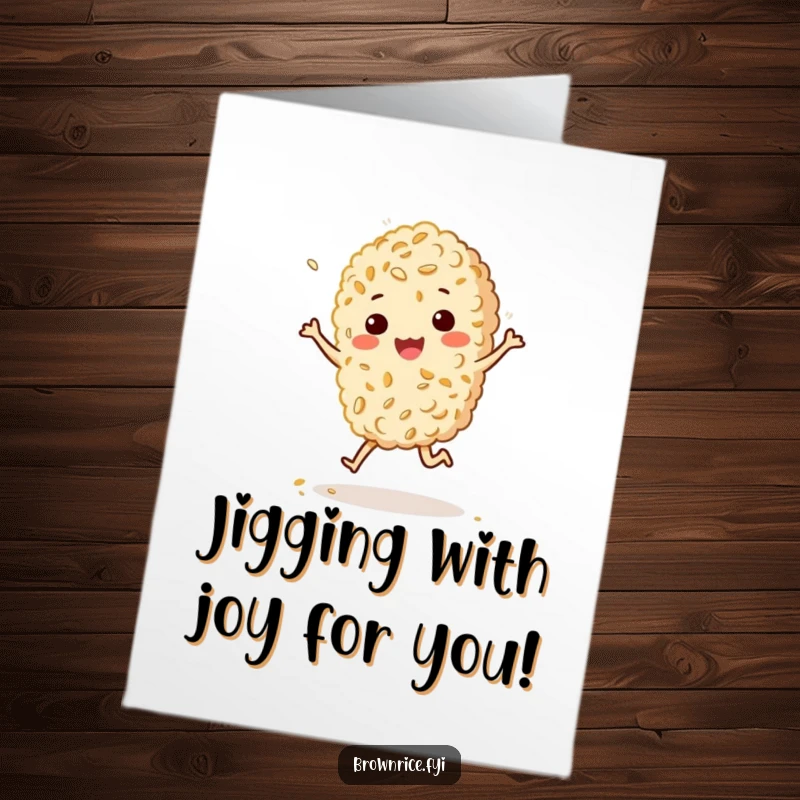 Funny Free Printable Congratulations Card: Brown rice character does a happy jig, sprinkled with sesame seeds.