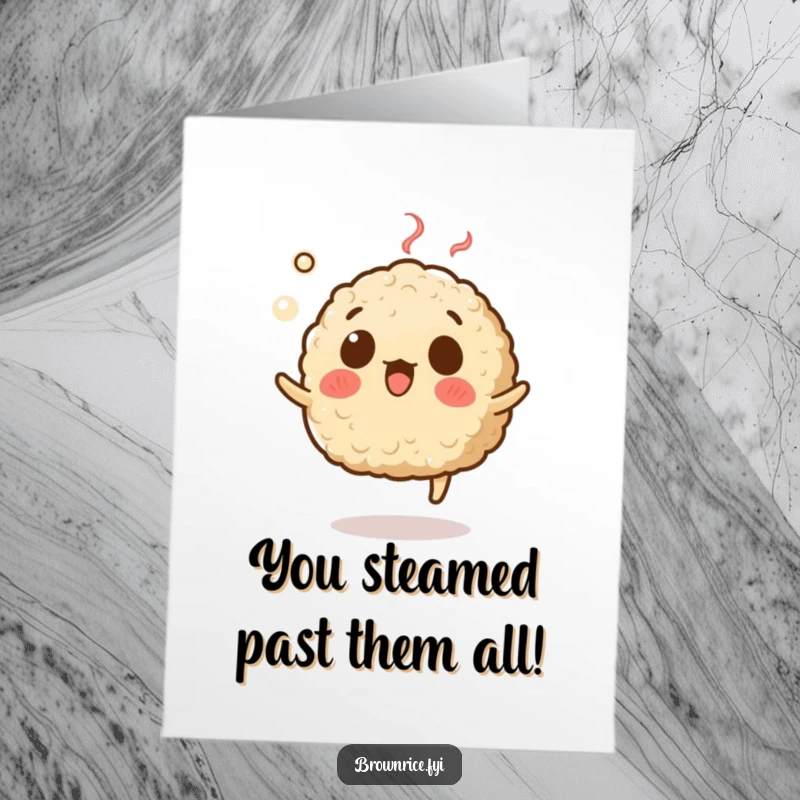 Funny Free Printable Congratulations Card: Brown rice character levitates with steam, eyes wide with surprise.
