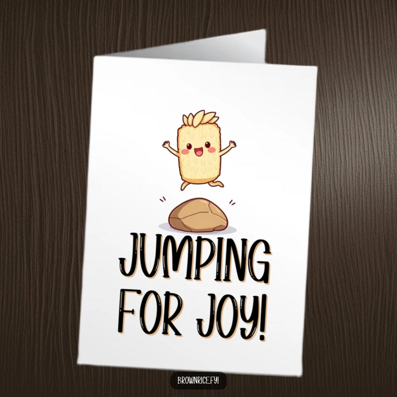 Funny Free Printable Congratulations Card: A jumping brown rice character leaping joyfully over a small pebble, symbolizing overcoming challenges.