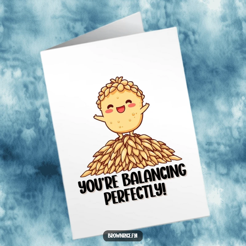 Funny Free Printable Congrats Card: Brown rice character grinning while balancing on rice, signifying proud accomplishment.
