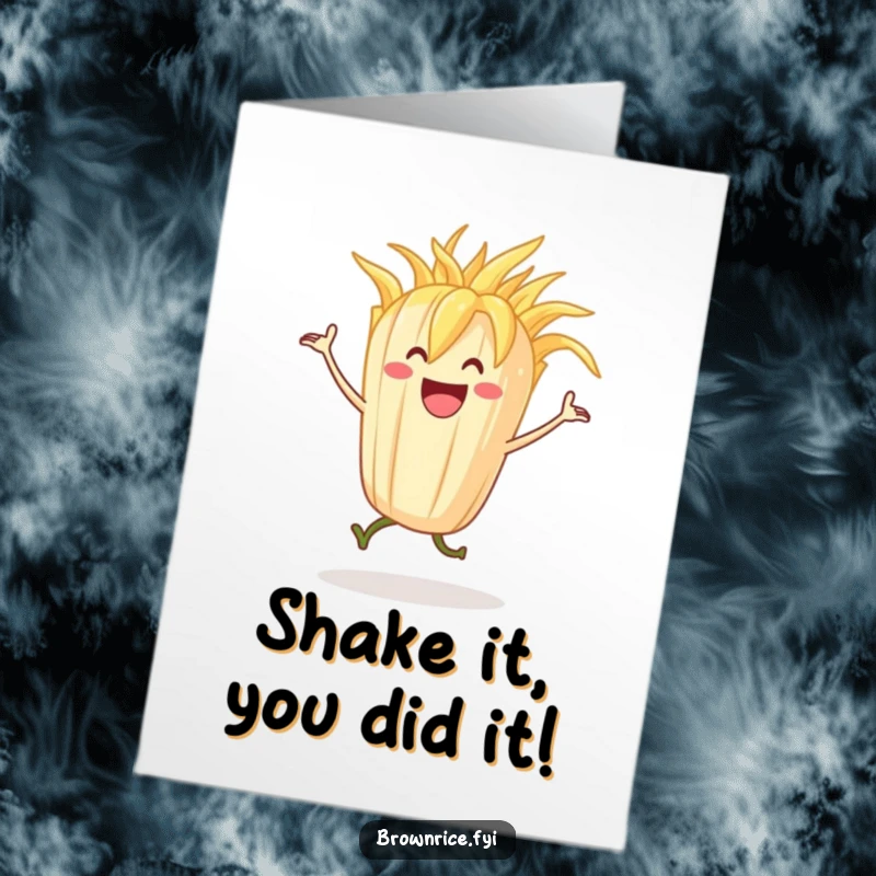 Funny Free Printable Congratulations Card: A grinning stalk of rice character energetically dancing with pure joy and abandon in celebration.
