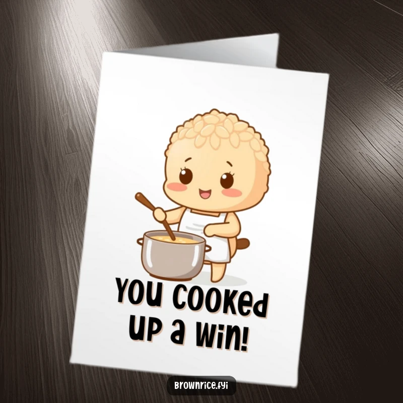 Funny Free Printable Congratulations Card showing a brown rice character in a tiny apron stirring a pot, a savory and downloadable message.