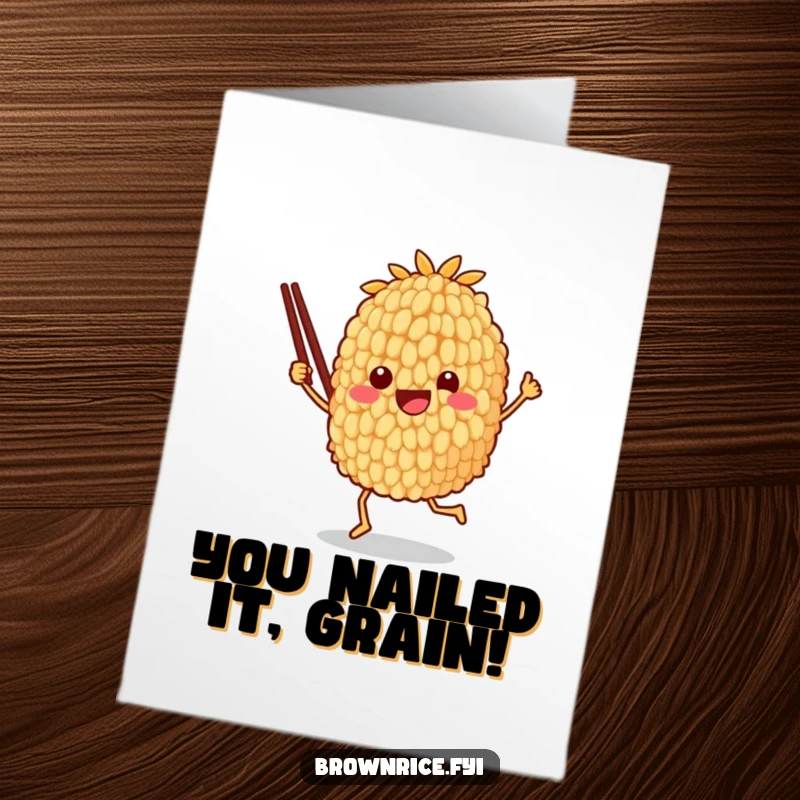 Funny Free Printable Congratulations Card: Brown rice grain character dances ecstatically with chopsticks to celebrate.