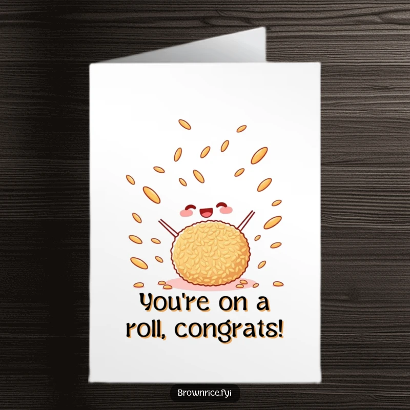 Funny Free Printable Congratulations Card: A happy brown rice ball tossing rice grains in the air to celebrate. Cheerful achievement.