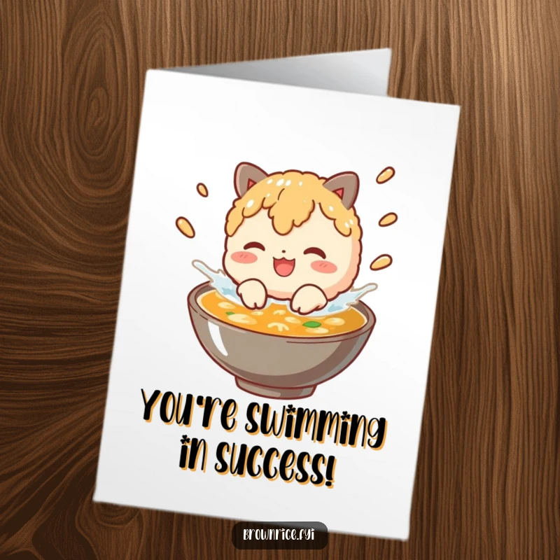 Funny Free Printable Congratulations Card: Brown rice character joyfully splashing in a bowl of broth.
