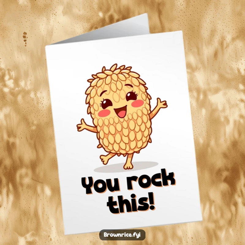 Funny Free Printable Congratulations Card showcasing a happy brown rice grain character in a celebratory dance.