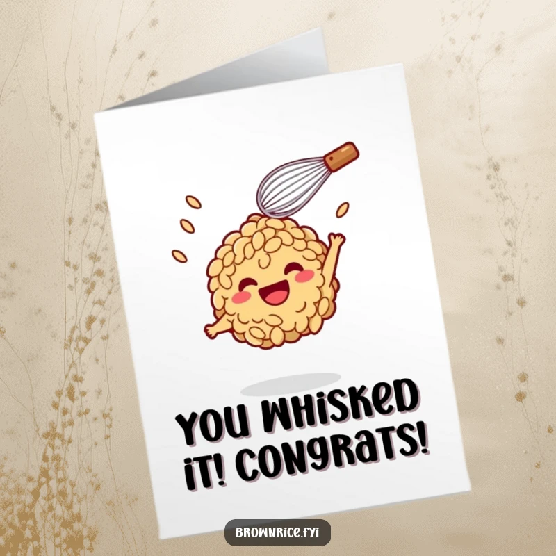 Funny Free Printable Congrats Card: Whisk tossing excited brown rice character for a celebration, symbolizing success.