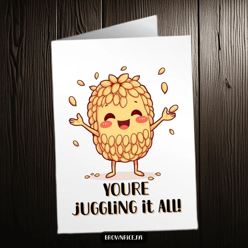 Funny Free Printable Congratulations Card: A happy brown rice grain character juggling smaller grains, signifying accomplishment. Great downloadable art.