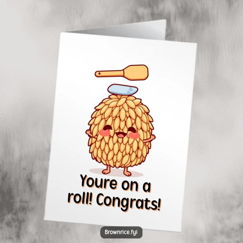 Funny Free Printable Congratulations Card: Brown Rice Grain Character Proudly Balancing Spatula, Celebrating Culinary Wins