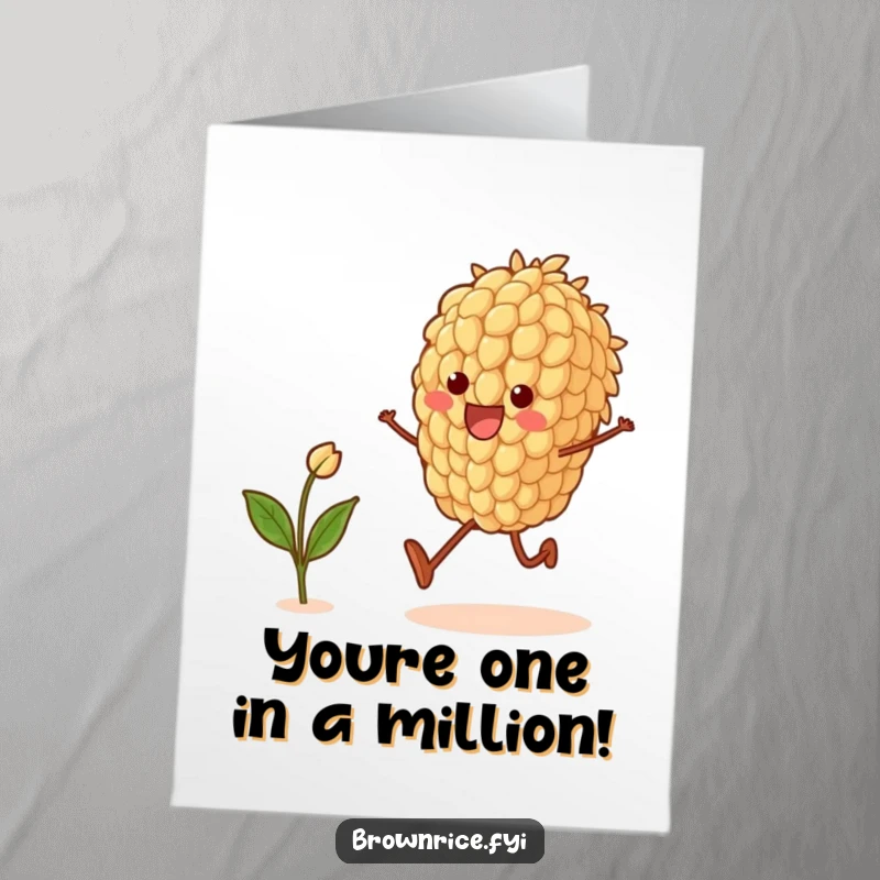 Funny Free Printable Congratulations Card: Cheerful brown rice grain character skipping with a small sprout, celebrating a big achievement with glee.