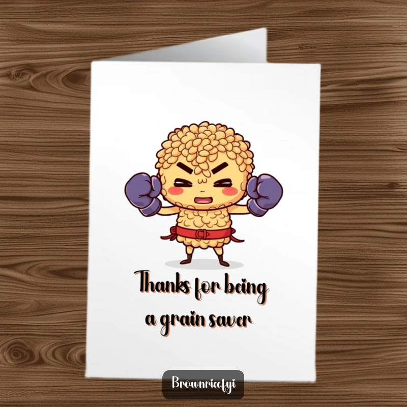 Funny Free Printable Thank You Card: Brown rice character wearing boxing gloves, prepared for a fight, expressing thanks.