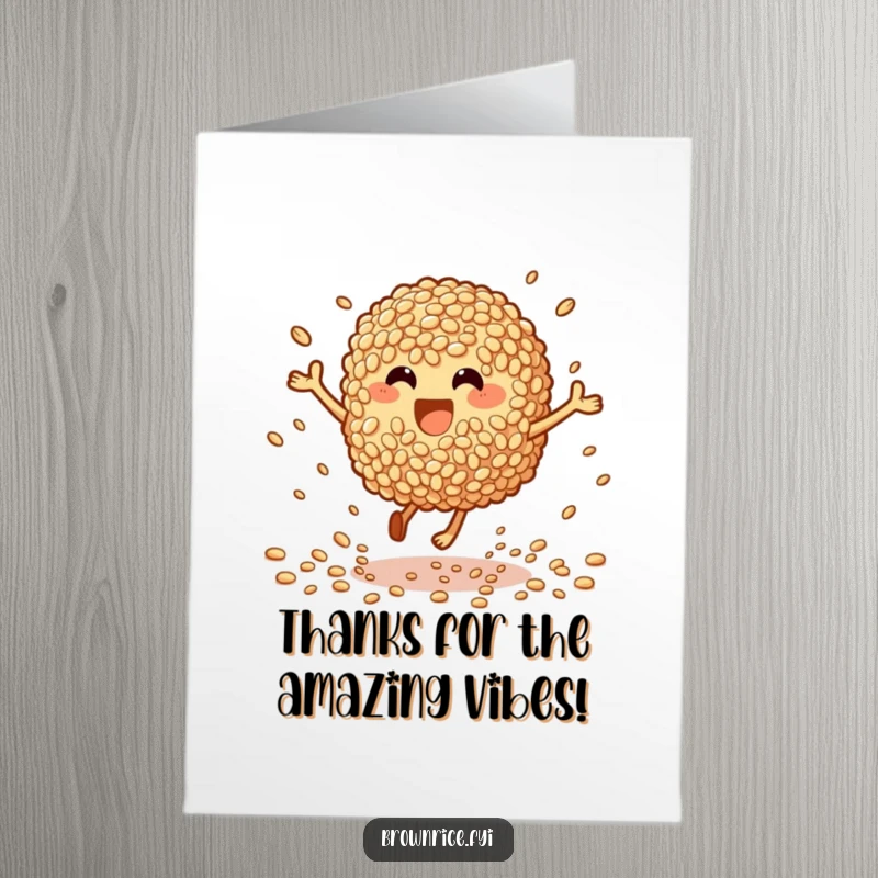 Funny Free Printable Thank You Card: Happy brown rice character bouncing with excitement, scattering grains.