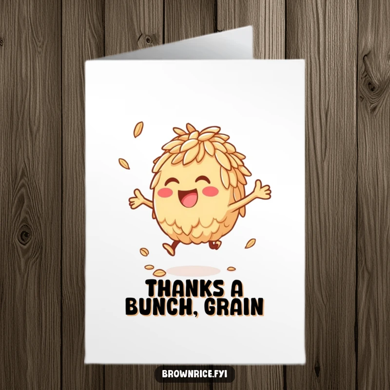Funny Free Printable Thank You Card featuring a brown rice character joyfully bouncing a grain, a unique and downloadable way to express thanks.