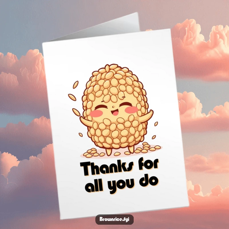 Funny Free Printable Thank You Card: A brown rice character winks while juggling rice, a witty and thankful downloadable.