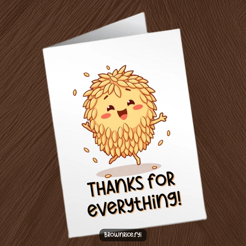 Funny Free Printable Thank You Card: A happy brown rice cluster character doing a joyful jig, grains bouncing to express thanks.