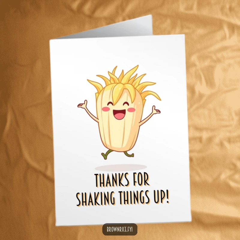Funny Free Printable Thank You Card: A grinning stalk of rice character is captured mid-dance with infectious happy abandon.