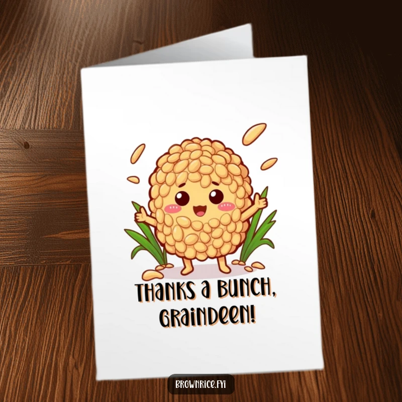Funny Free Printable Thank You Card: Brown rice character juggling rice grains, conveying appreciation with humor.