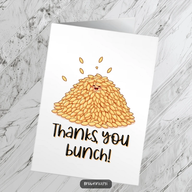 Funny Free Printable Thank You Card: A heap of brown rice grains hilariously giggling and bouncing together in a friendly bunch.