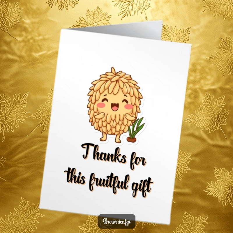 Funny Free Printable Thank You Card: Brown rice character excitedly celebrates a successful and healthy harvest.