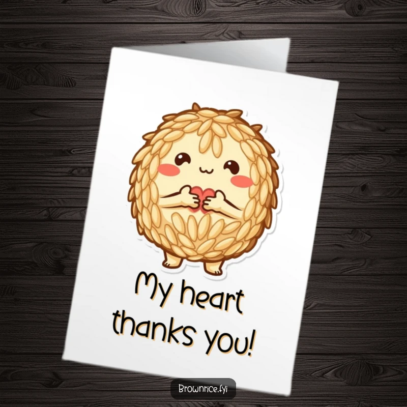 Funny Free Printable Thank You Card: Affectionate brown rice character making a heart shape with grains.