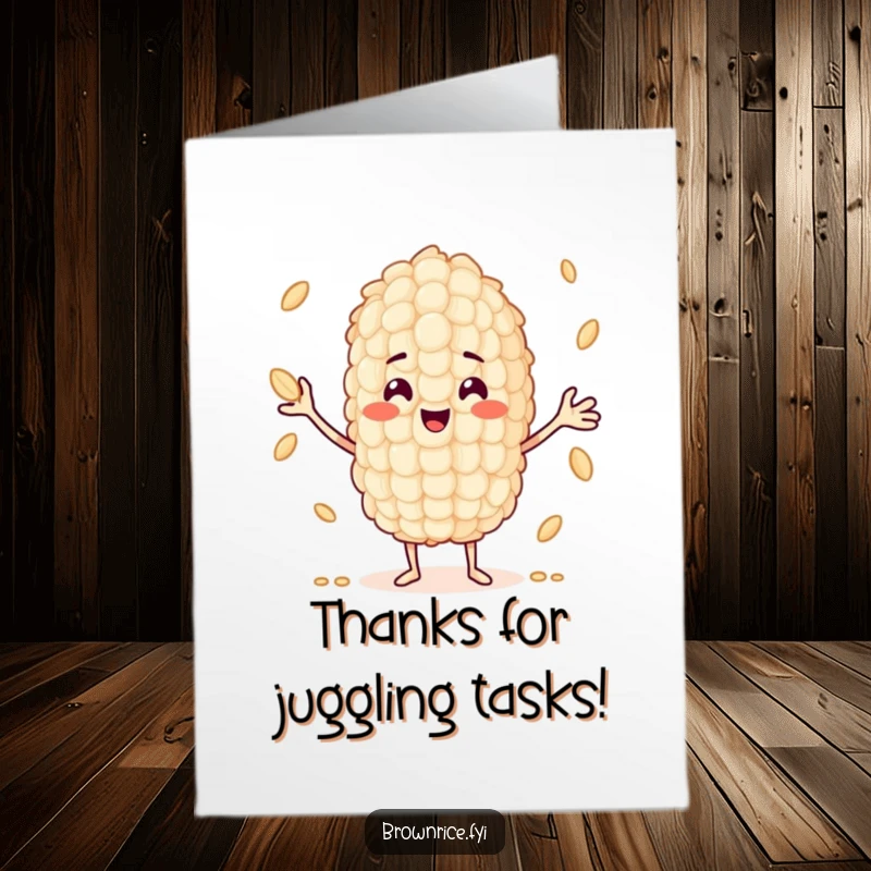 Funny Free Printable Thank You Card: A smiling grain of rice character expertly juggling smaller grains, a fun way to say thanks.
