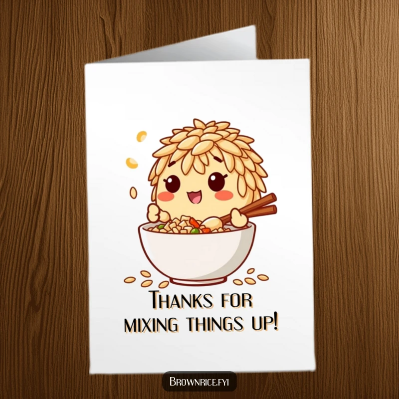 Funny Free Printable Thank You Card: A cute brown rice grain character happily mixes ingredients in a bowl, showing gratitude.