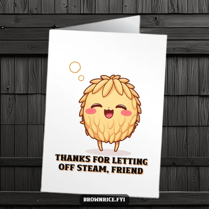 Funny Free Printable Thank You Card: A giggling brown rice grain character joyfully caught in a cloud of steam.