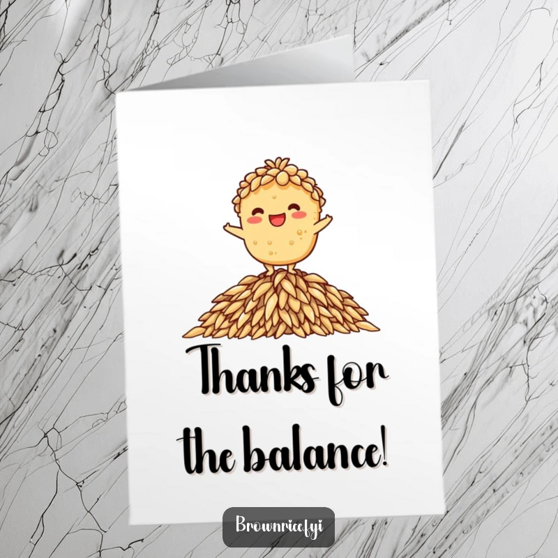 Funny Free Printable Thank You Card: Brown rice character with a wide grin balancing on rice, expressing happy thanks.