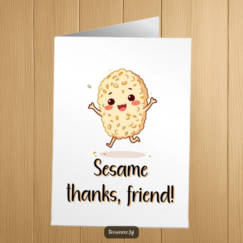 Funny Free Printable Thank You Card: Brown rice character does a happy, bouncy jig, showered with sesame.
