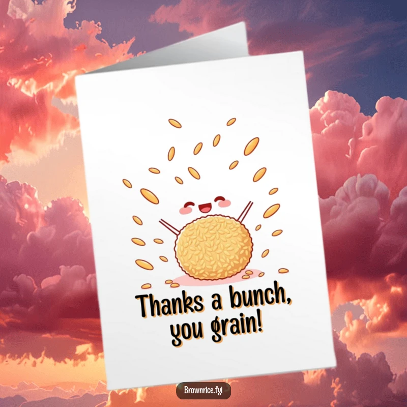 Funny Free Printable Thank You Card: A happy brown rice ball tossing rice grains in the air, expressing thanks. Delightful gesture.