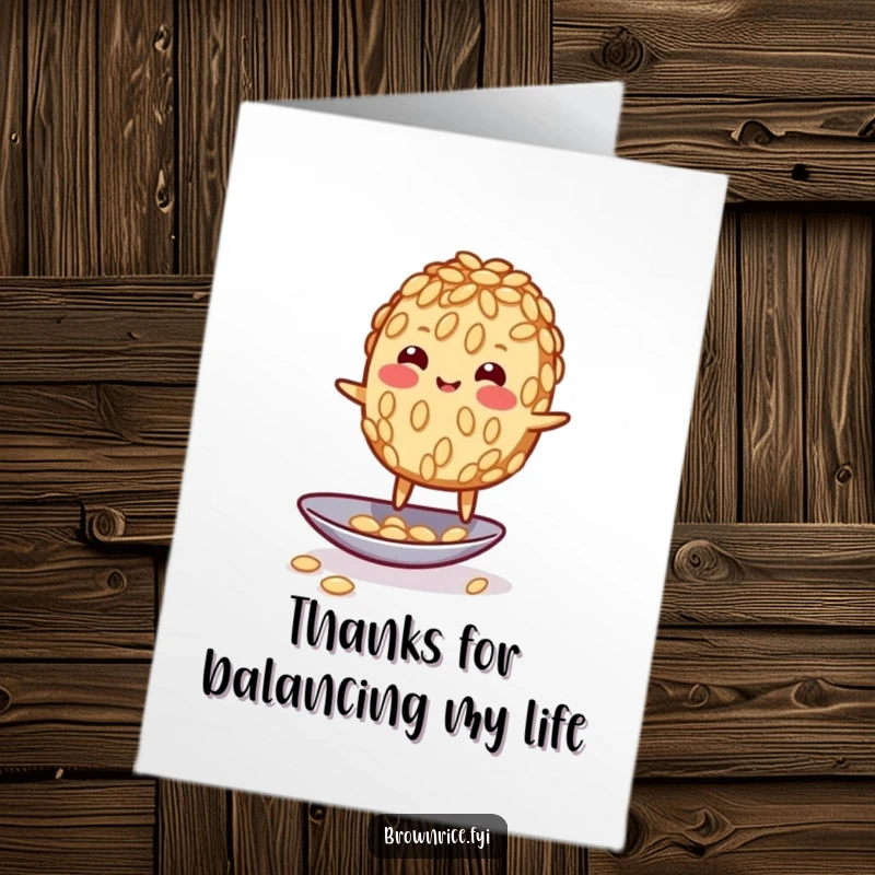 Funny Free Printable Thank You Card: A slightly shaky brown rice grain character trying to keep balance on a spoon's tip.