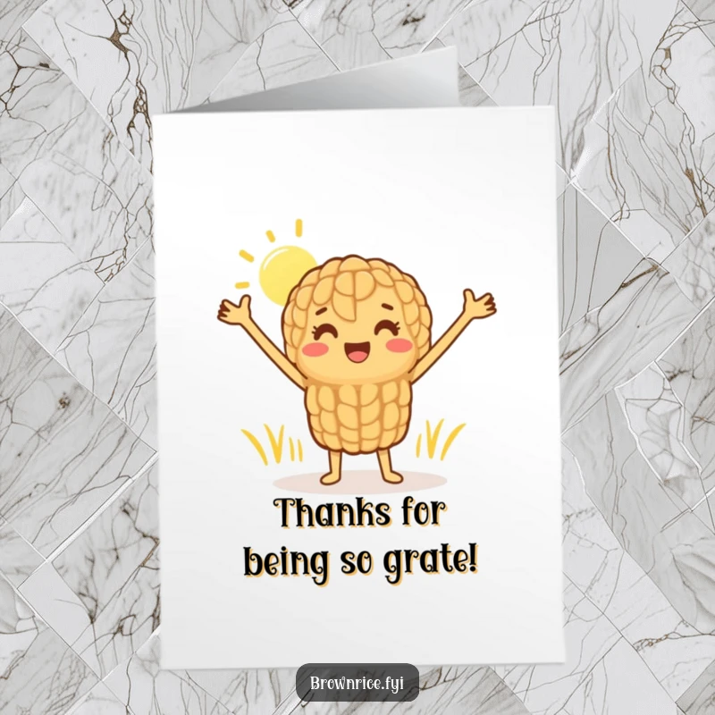 Funny Free Printable Thank You Card: A cheerful brown rice grain character stretching happily in the sun saying thanks with a big smile.
