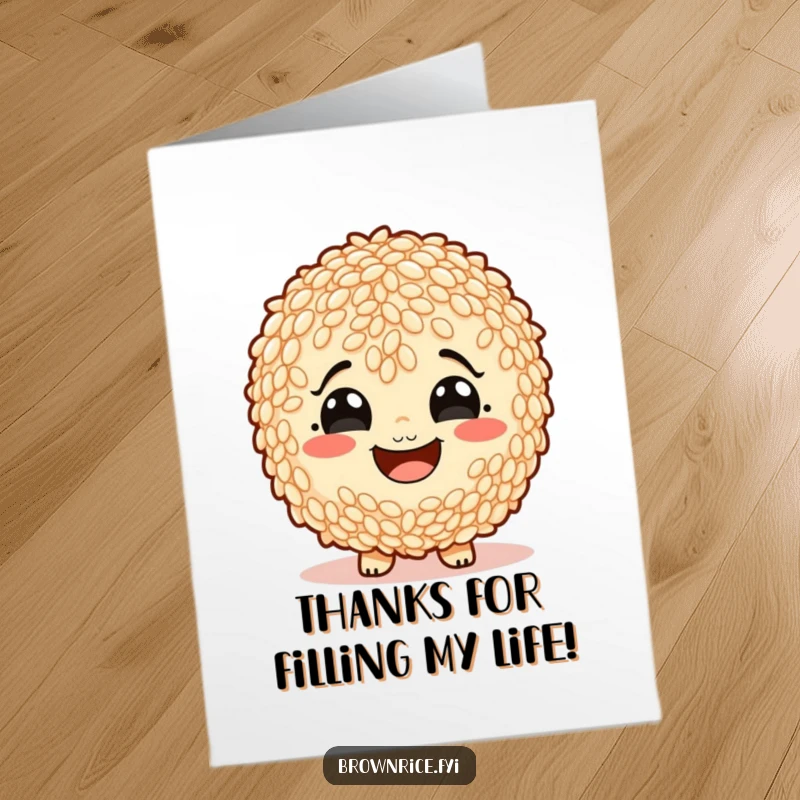 Funny Free Printable Thank You Card: Brown rice character with a comically wide smile.
