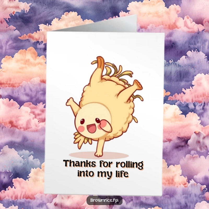 Funny Free Printable Thank You Card: Brown rice character in a playful somersault, conveying thanks with a humorous twist, a downloadable treasure.