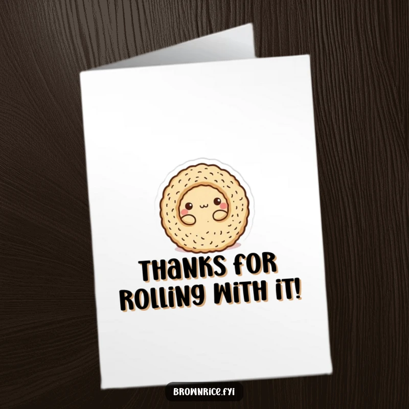 Funny Free Printable Thank You Card: Brown rice character playfully rolled into a neat, round ball.