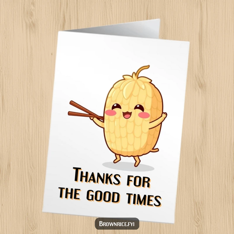 Funny Free Printable Thank You Card: Cheerful brown rice grain dancing with chopsticks, expressing thanks. Fun thank you downloadable.